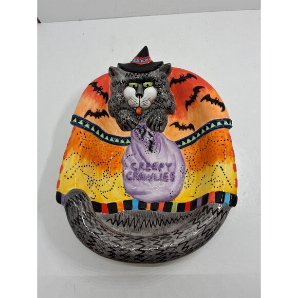 Fitz And Floyd Kitty Witches Ceramic Candy Dish Halloween Decor 11" - Picture 2 of 6